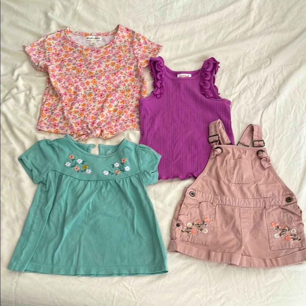 Colorful 3T-4T toddler girls summer spring embroidered Clothing Set tank overall